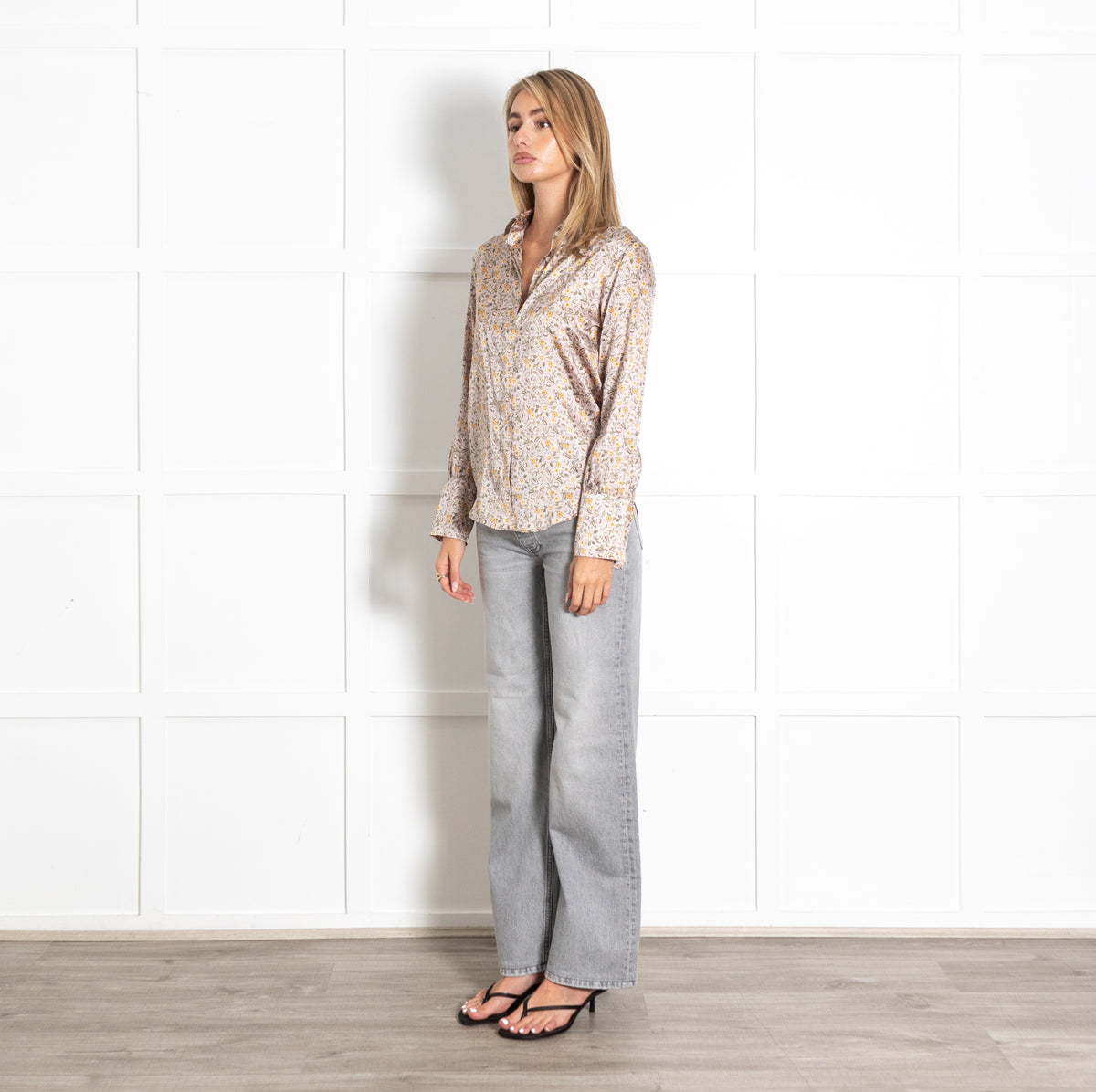 Pale Pink Yellow Purple Floral Long-Sleeve Button-Up Silk Blend Shirt - Image 3