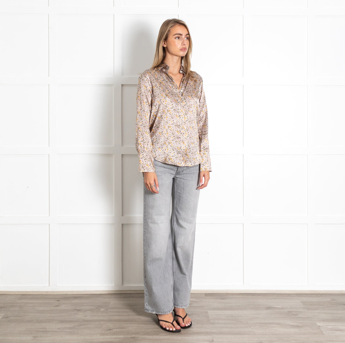 Pale Pink Yellow Purple Floral Long-Sleeve Button-Up Silk Blend Shirt - Image 7