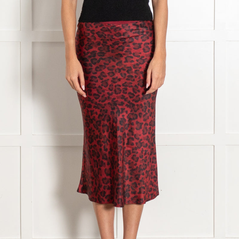Red Burgundy Black Leopard Prink Silk Skirt - Image 4