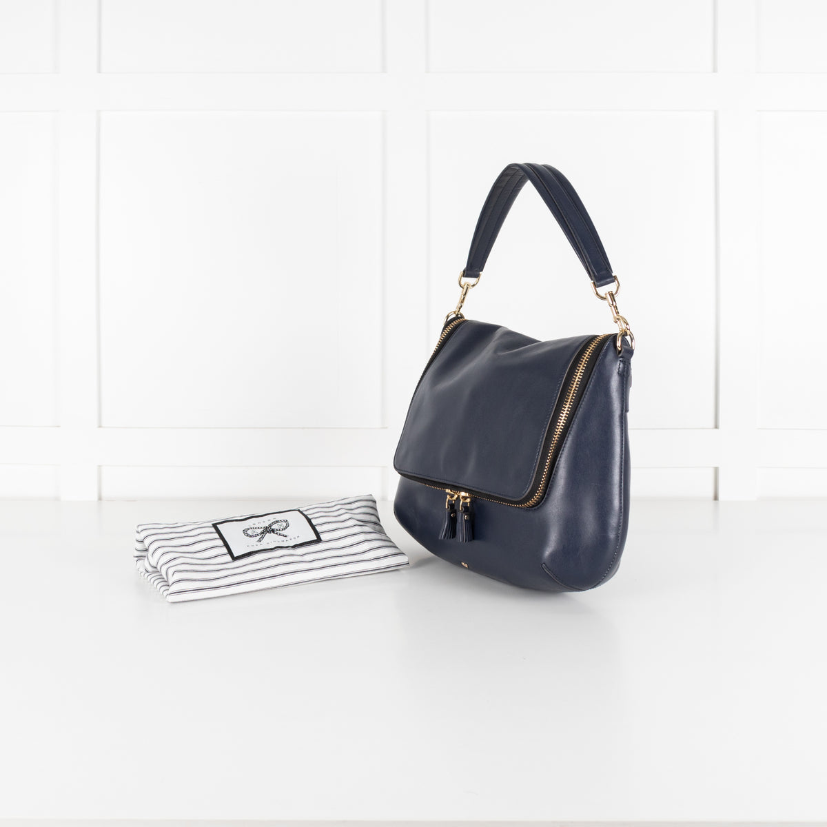 Navy Maxi Zip Satchel Leather Bag - Image 1