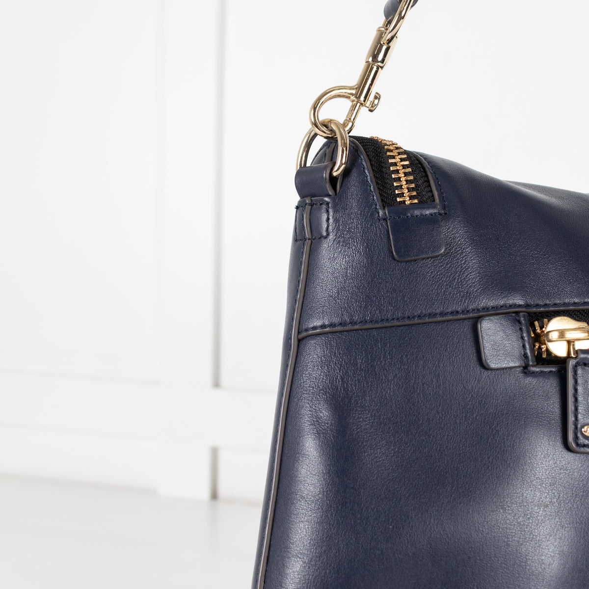Navy Maxi Zip Satchel Leather Bag - Image 14