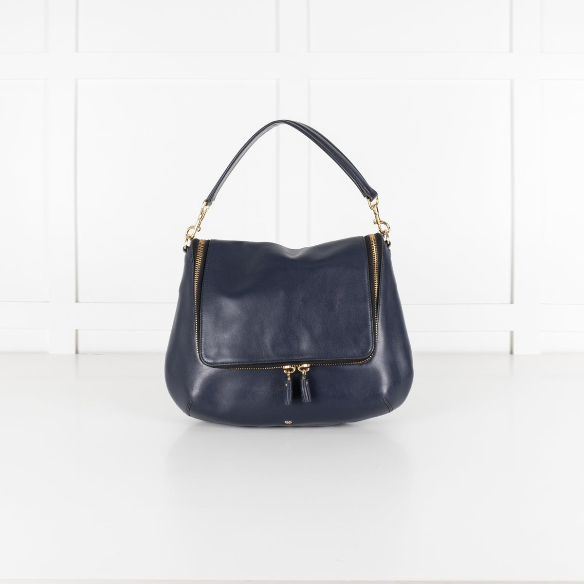 Navy Maxi Zip Satchel Leather Bag - Image 2