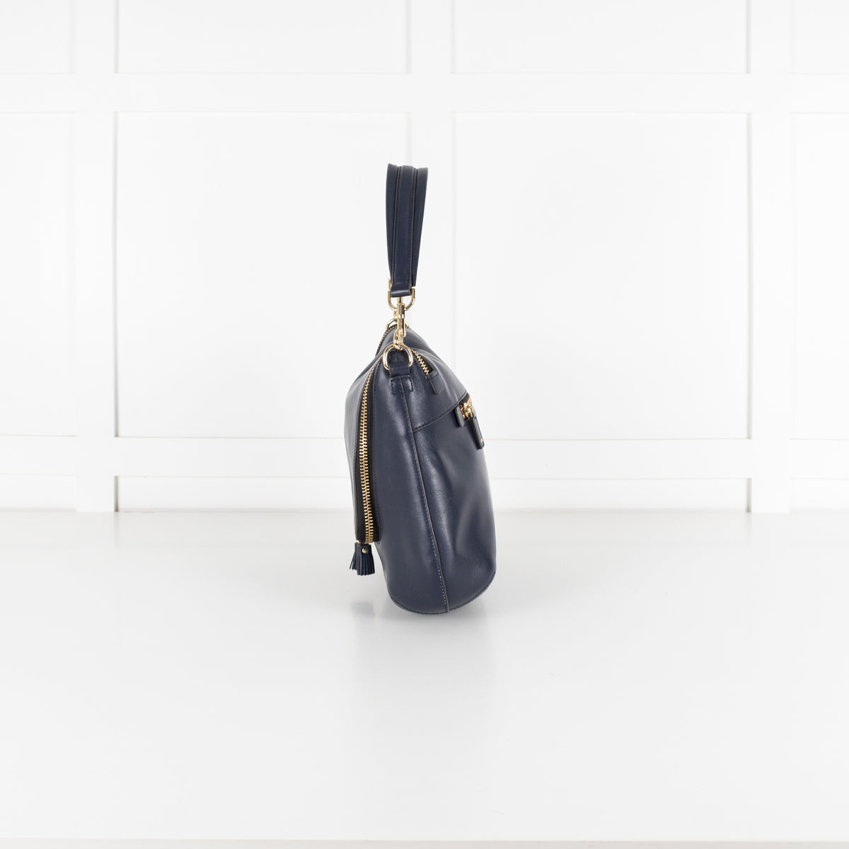 Navy Maxi Zip Satchel Leather Bag - Image 3