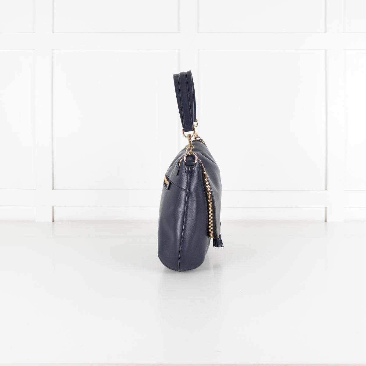 Navy Maxi Zip Satchel Leather Bag - Image 5