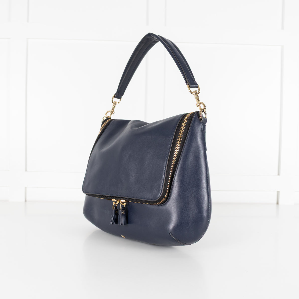 Navy Maxi Zip Satchel Leather Bag - Image 7