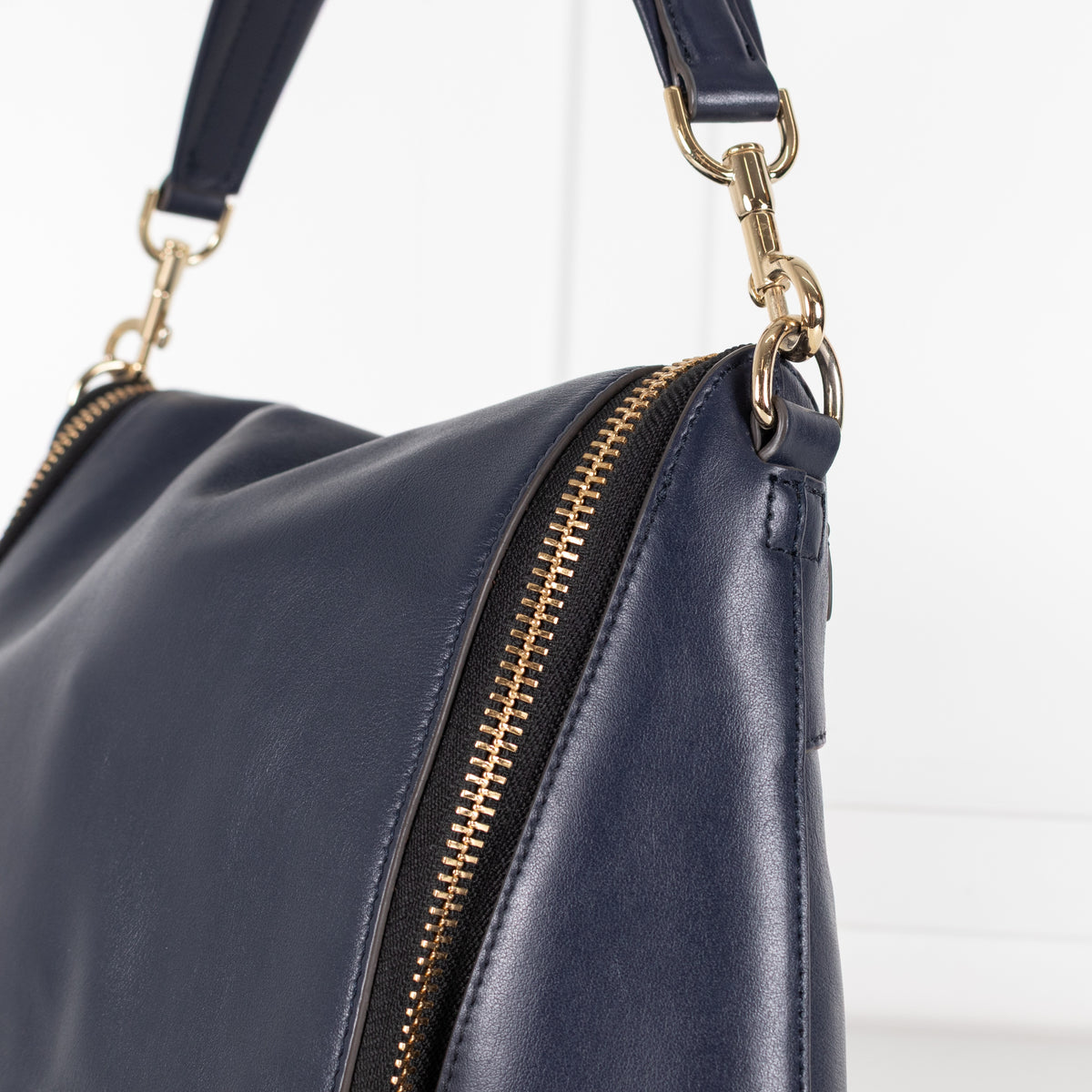 Navy Maxi Zip Satchel Leather Bag - Image 9