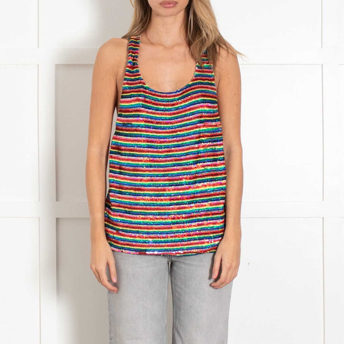 Rainbow Sequin Striped Zipped Tank Top - Image 2