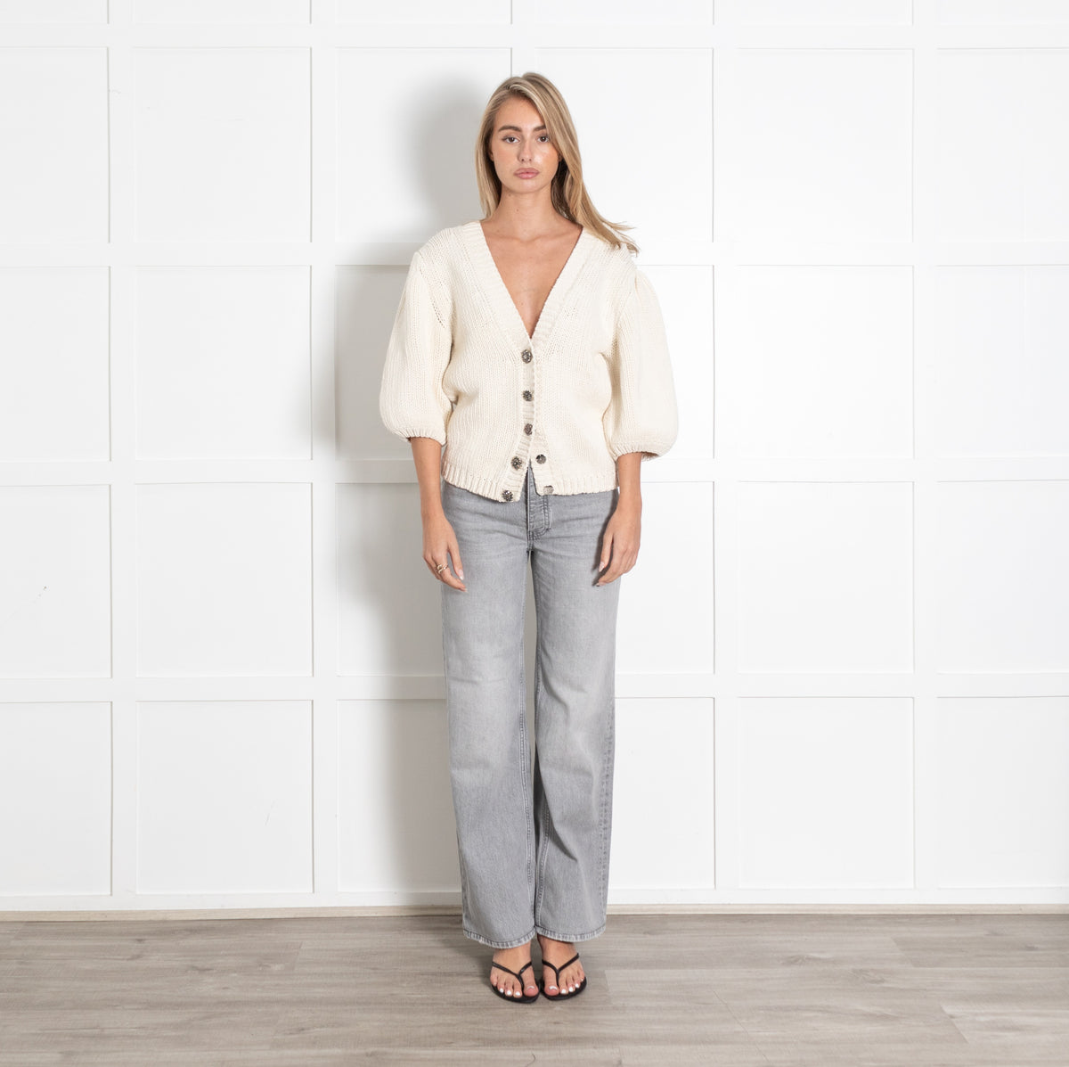 Ba&sh Cream Chunky Knit Balloon Sleeve Cardigan Sweater - Image 1