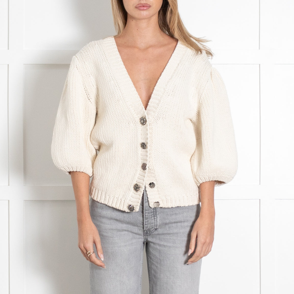 Ba&sh Cream Chunky Knit Balloon Sleeve Cardigan Sweater - Image 2