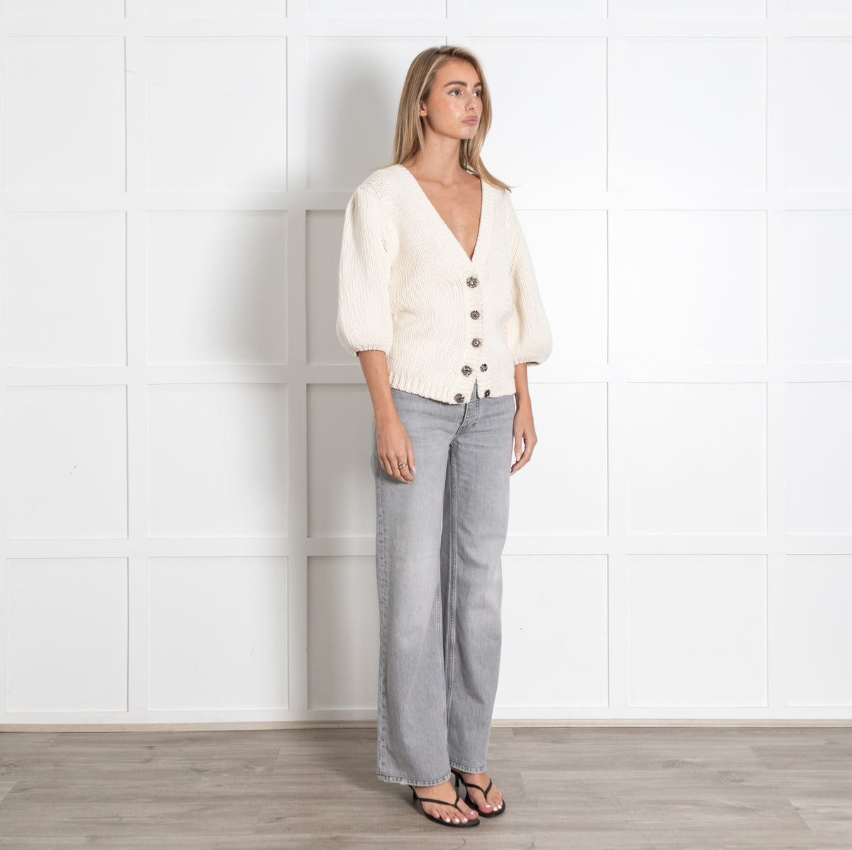 Ba&sh Cream Chunky Knit Balloon Sleeve Cardigan Sweater - Image 7