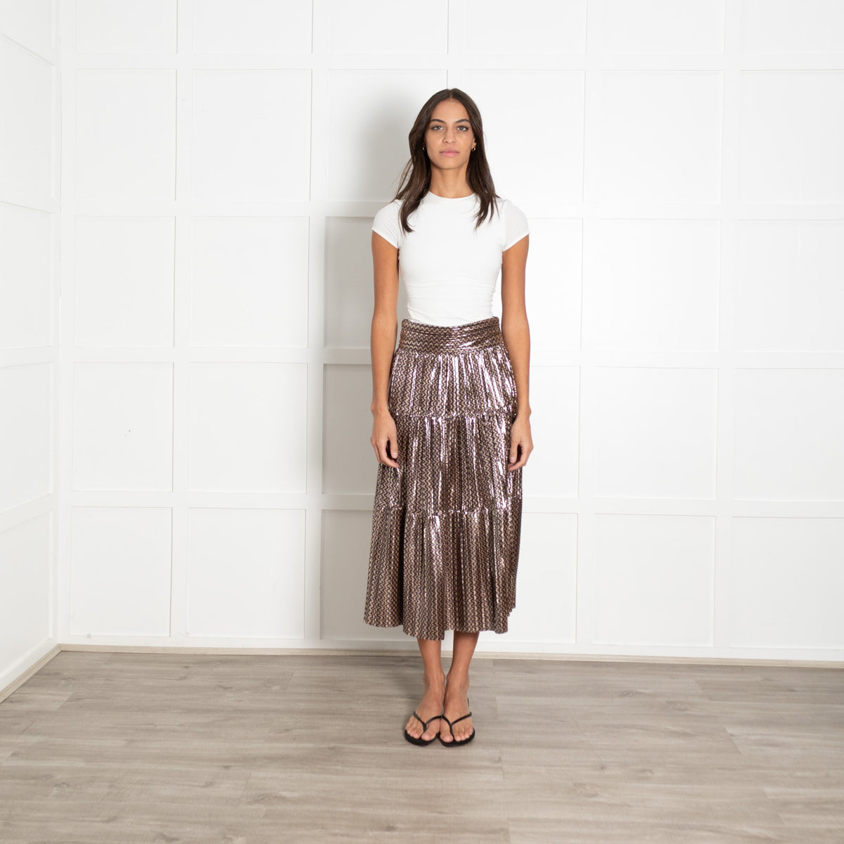 ba&sh Gold Purple Zig Zag Shine Calf Length Full Skirt - Image 1