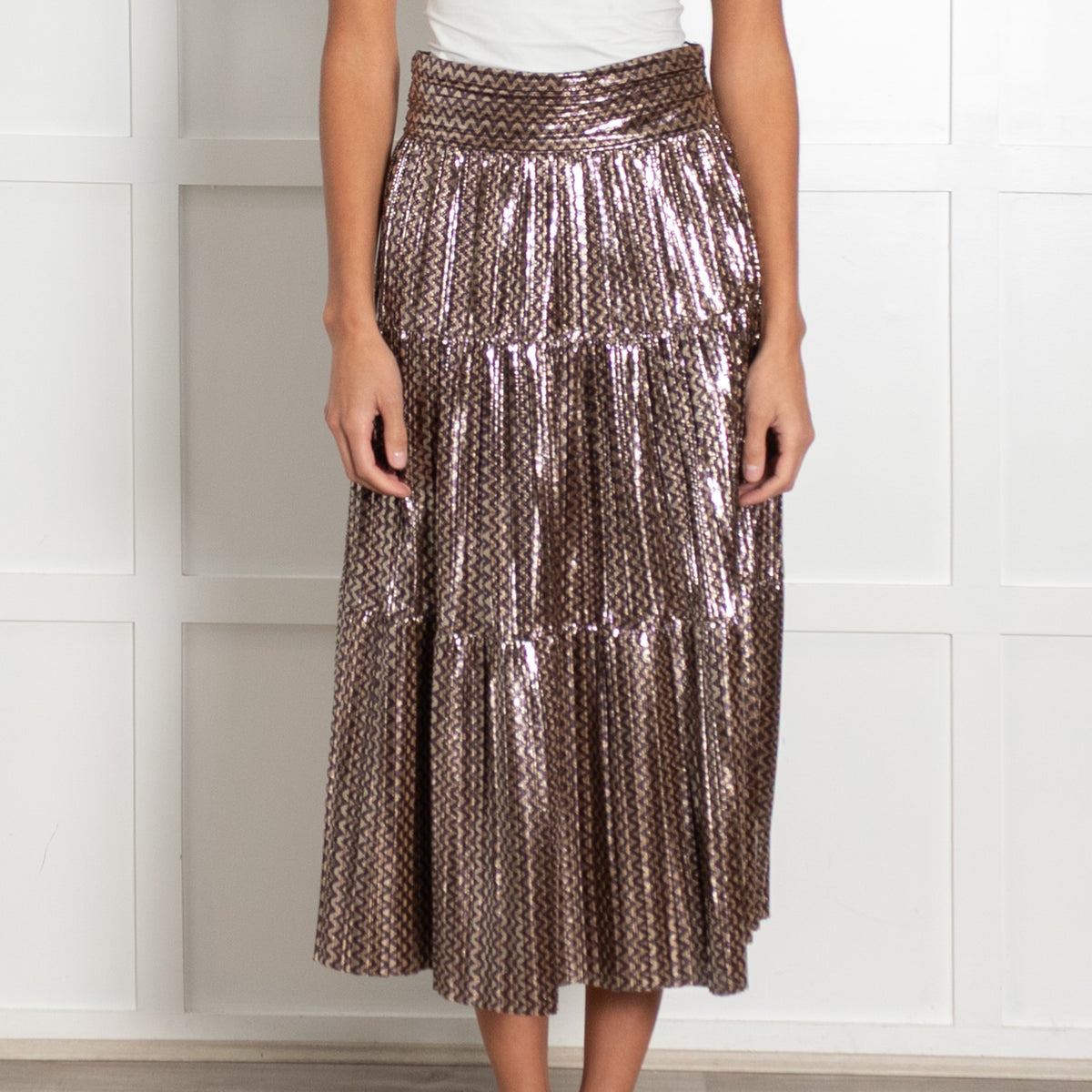 ba&sh Gold Purple Zig Zag Shine Calf Length Full Skirt - Image 2
