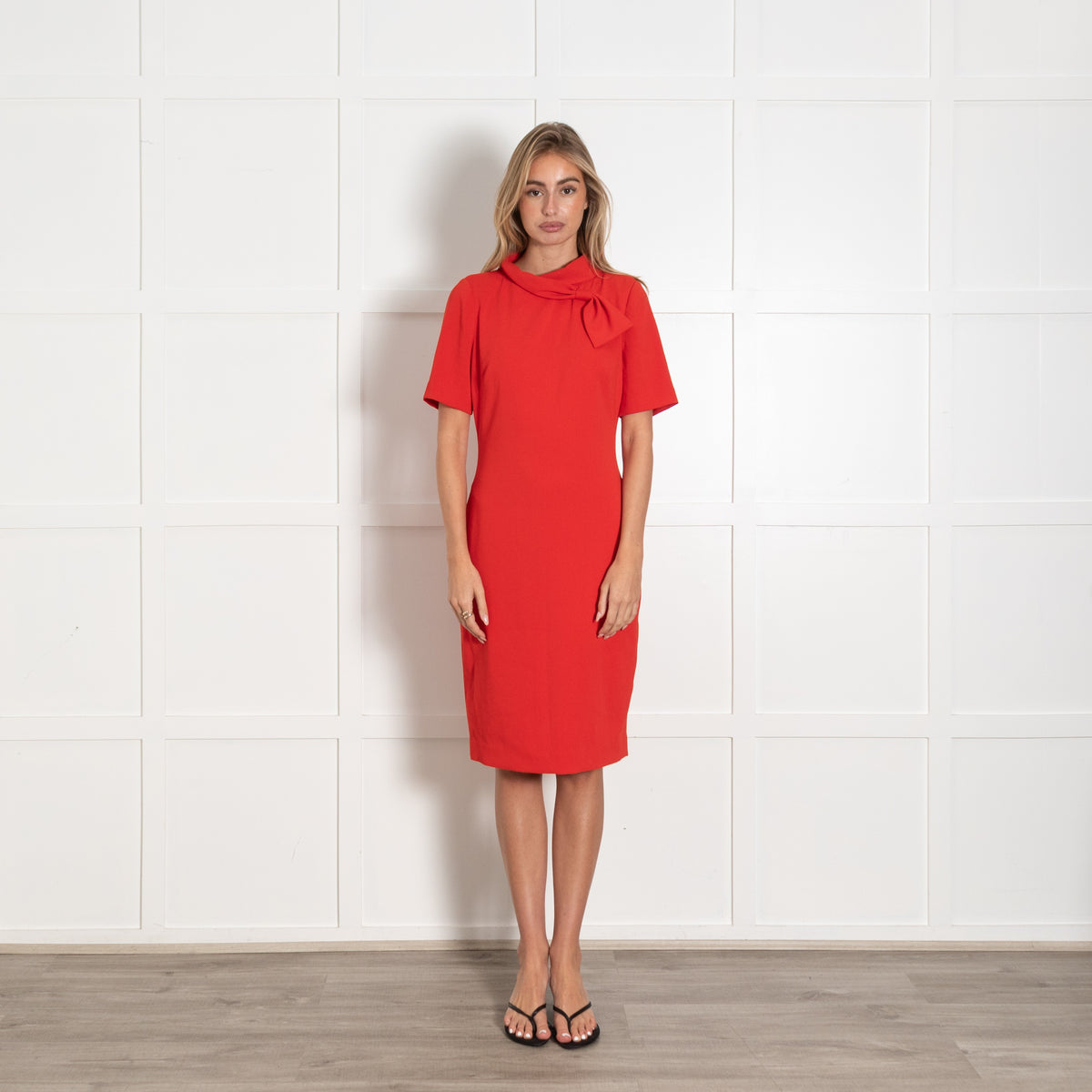 Badgley Mischka Red Silky Bow Neck Detail Dress - Image 1
