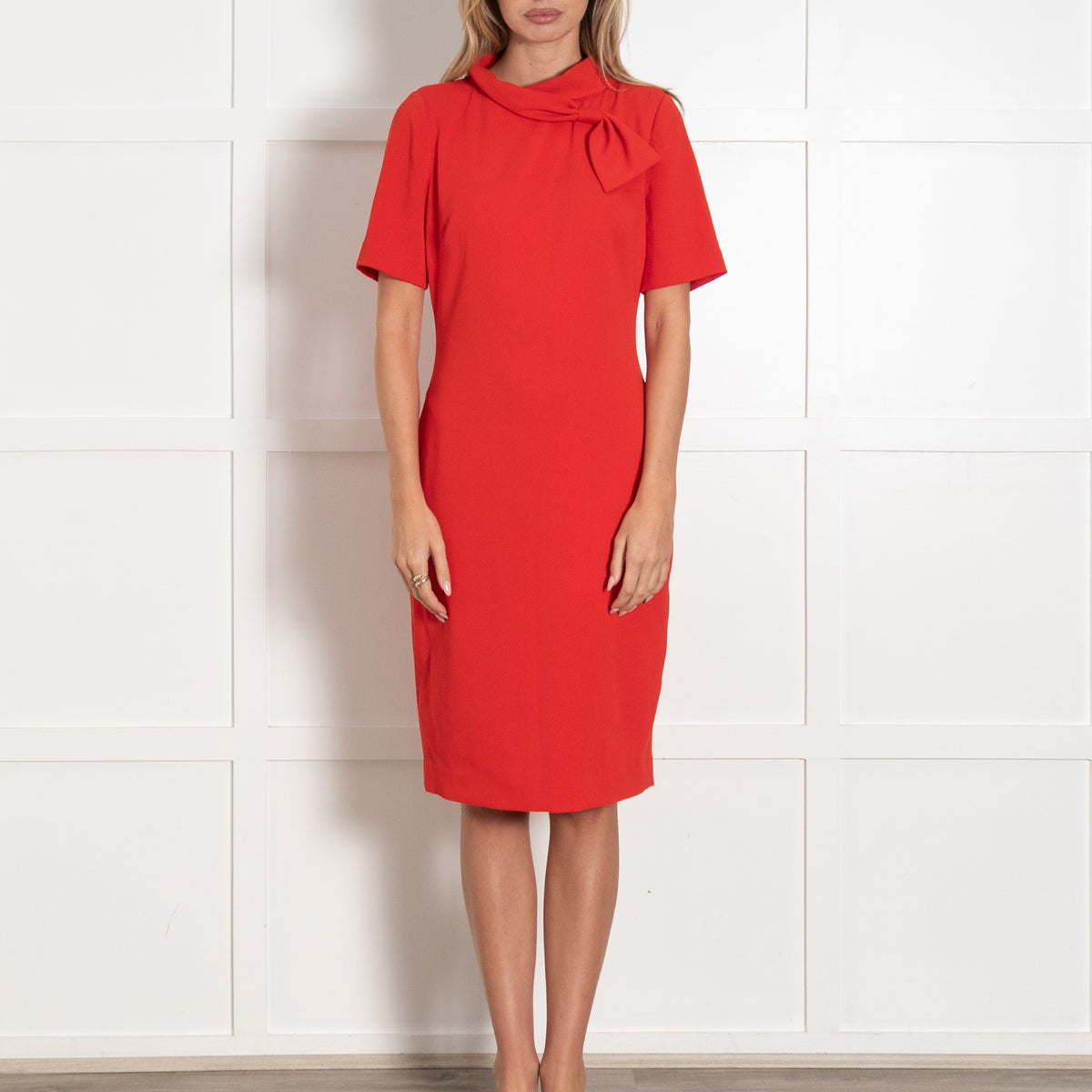 Badgley Mischka Red Silky Bow Neck Detail Dress - Image 2