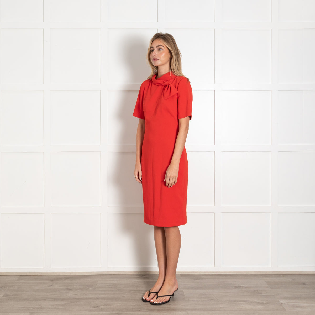 Badgley Mischka Red Silky Bow Neck Detail Dress - Image 3