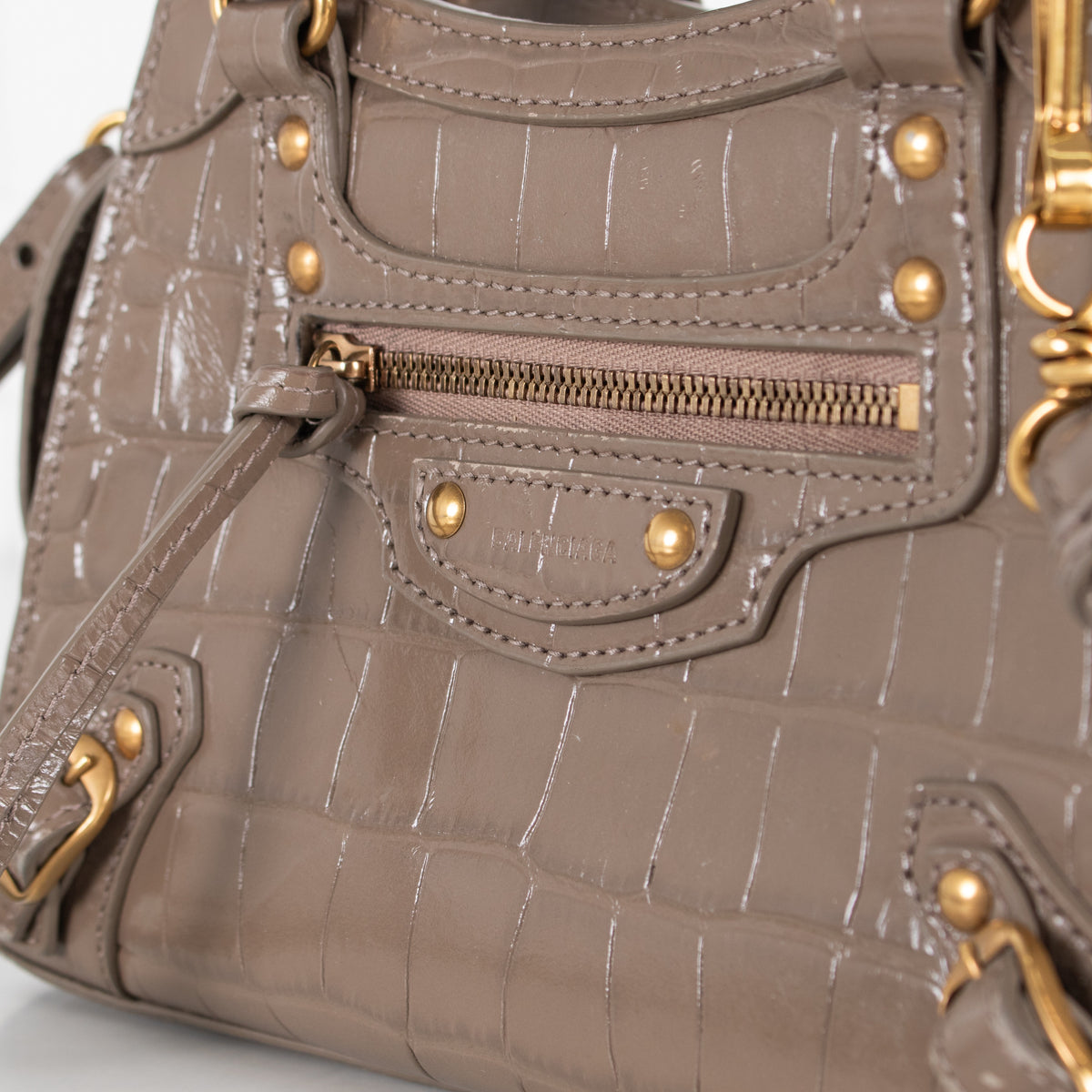 Balenciaga Taupe Neo Classic City Mini Croc-Embossed Leather Bag - Image 11
