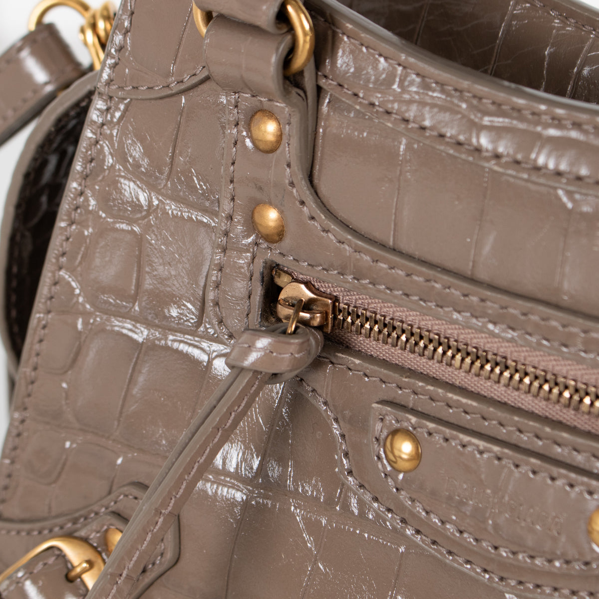 Balenciaga Taupe Neo Classic City Mini Croc-Embossed Leather Bag - Image 14