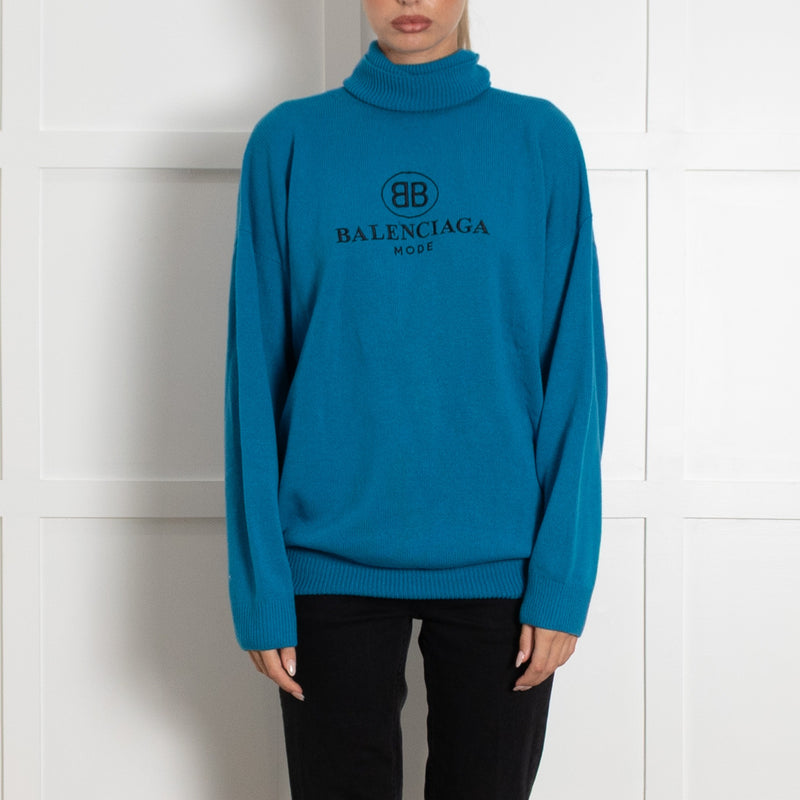 Balenciaga Teal Oversized Logo Rollneck Wool/Cashmere Mix - Image 2