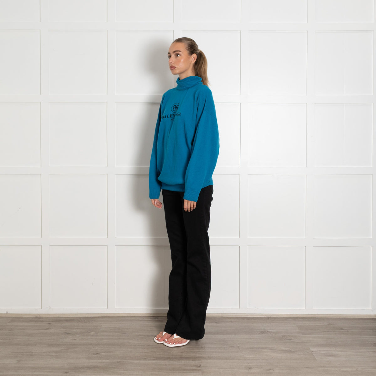 Balenciaga Teal Oversized Logo Rollneck Wool/Cashmere Mix - Image 3