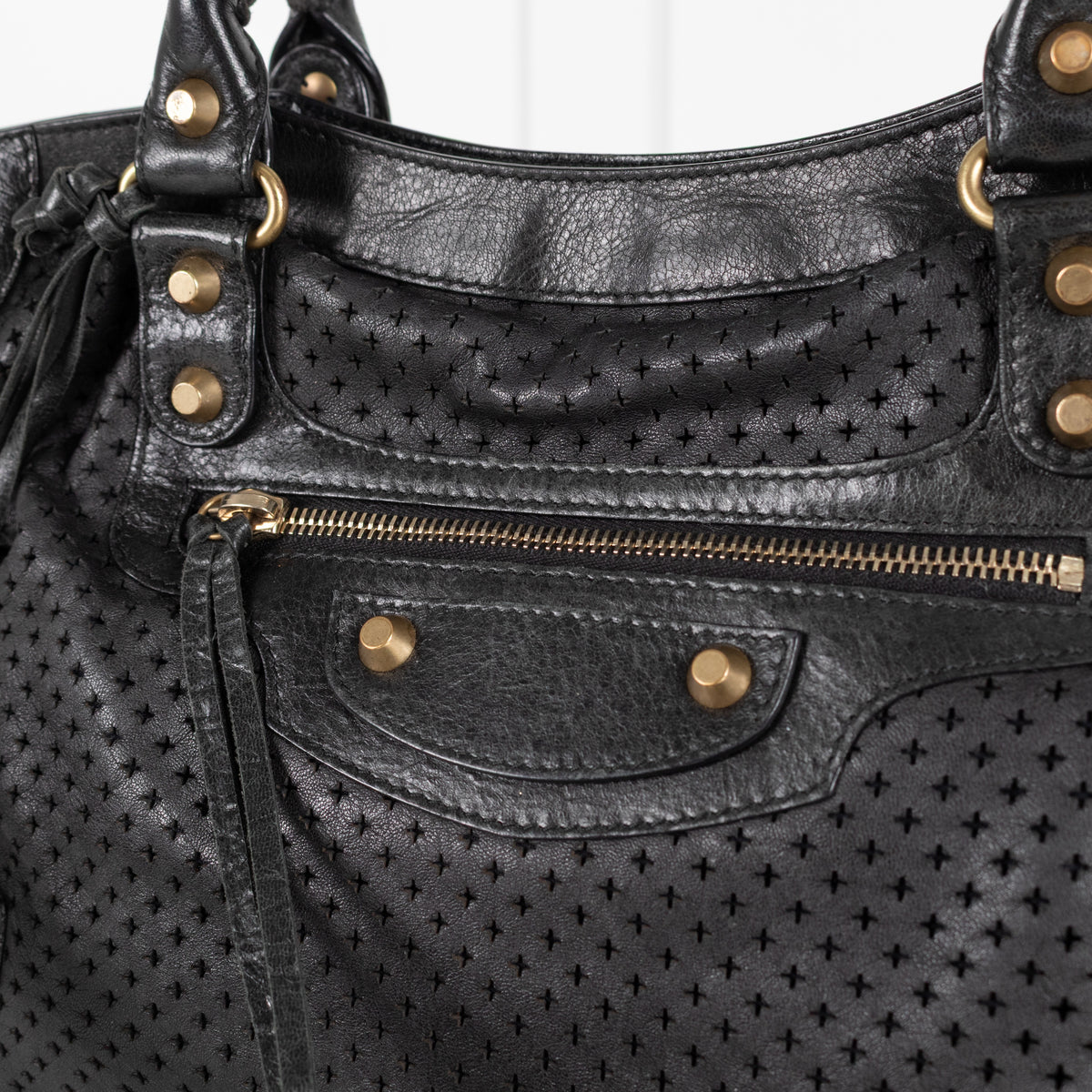 City Perforated Black Leather 2 way Satchel Bag - Image 11