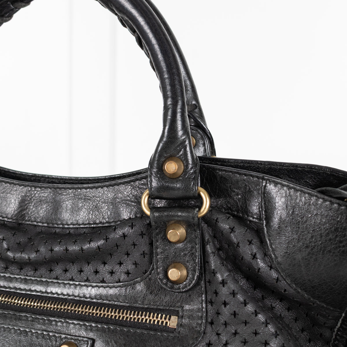 City Perforated Black Leather 2 way Satchel Bag - Image 12