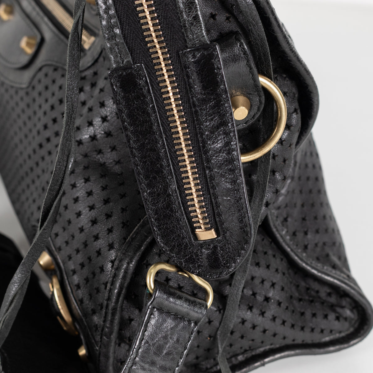 City Perforated Black Leather 2 way Satchel Bag - Image 14