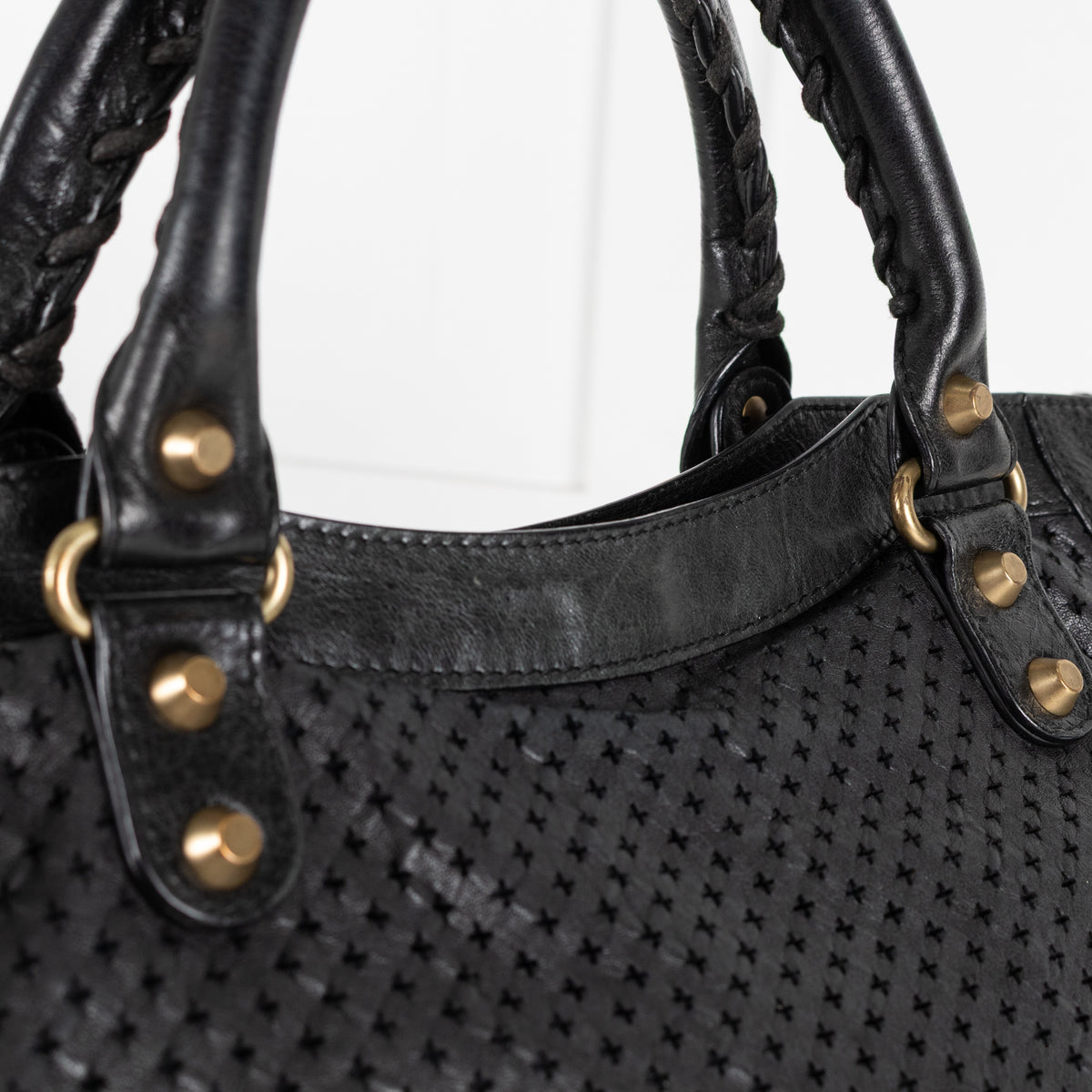 City Perforated Black Leather 2 way Satchel Bag - Image 17