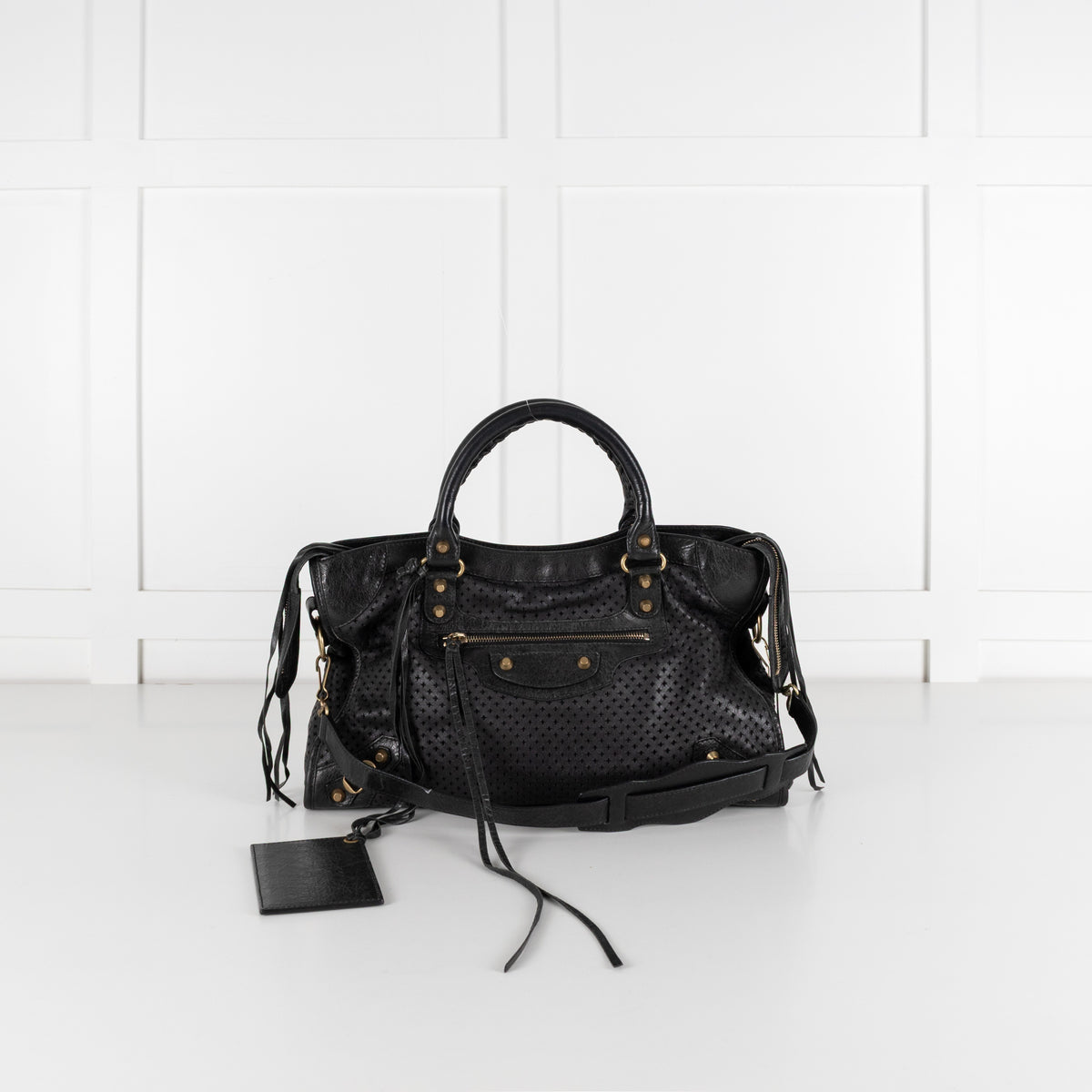 City Perforated Black Leather 2 way Satchel Bag - Image 4