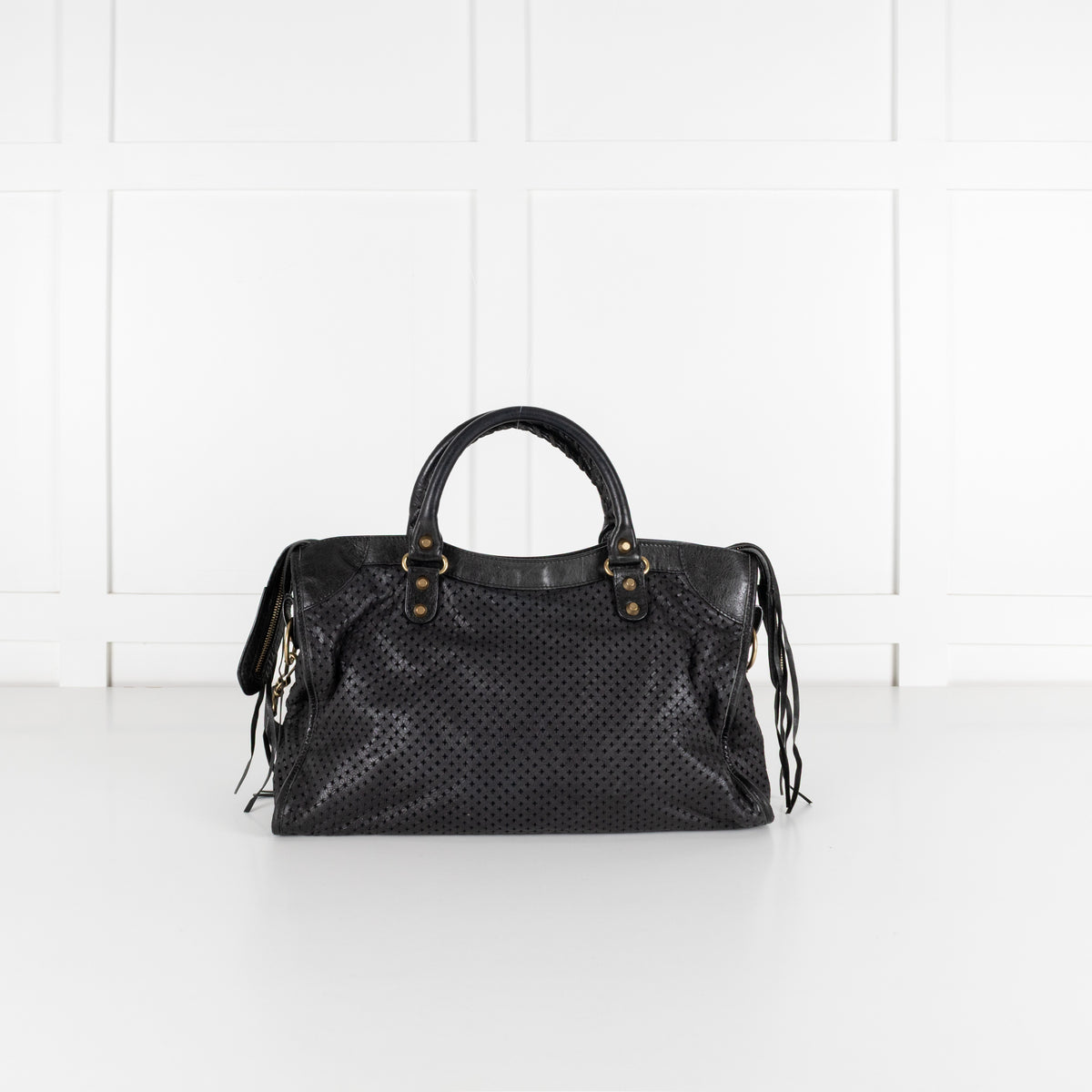 City Perforated Black Leather 2 way Satchel Bag - Image 6