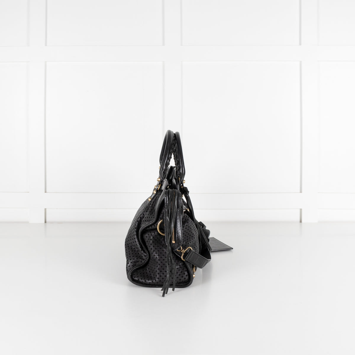 City Perforated Black Leather 2 way Satchel Bag - Image 7