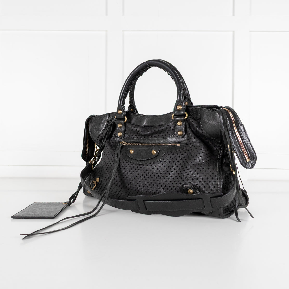 City Perforated Black Leather 2 way Satchel Bag - Image 9