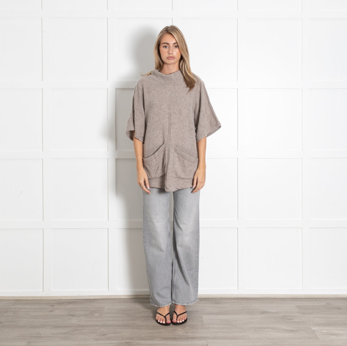 Beige Cashmere Turtleneck Pockets Poncho Sweater - Image 1