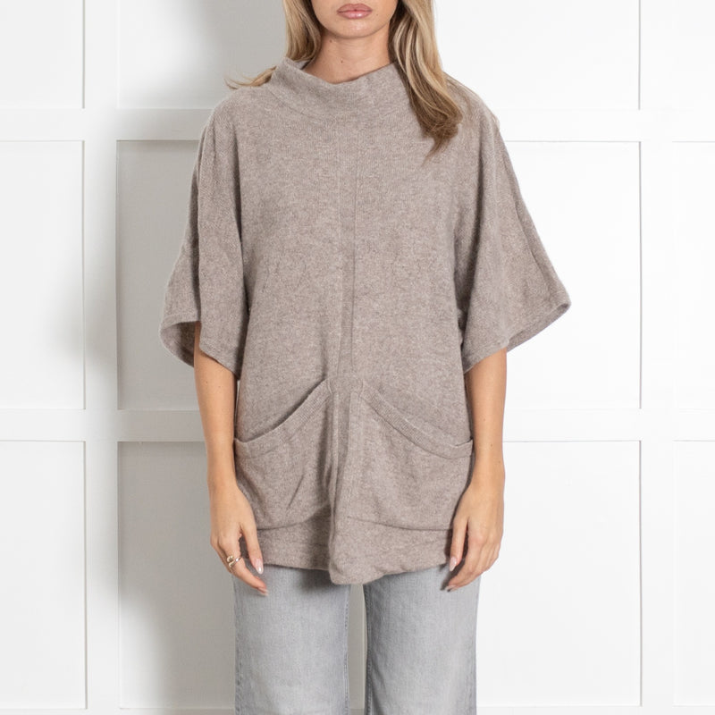 Beige Cashmere Turtleneck Pockets Poncho Sweater - Image 2