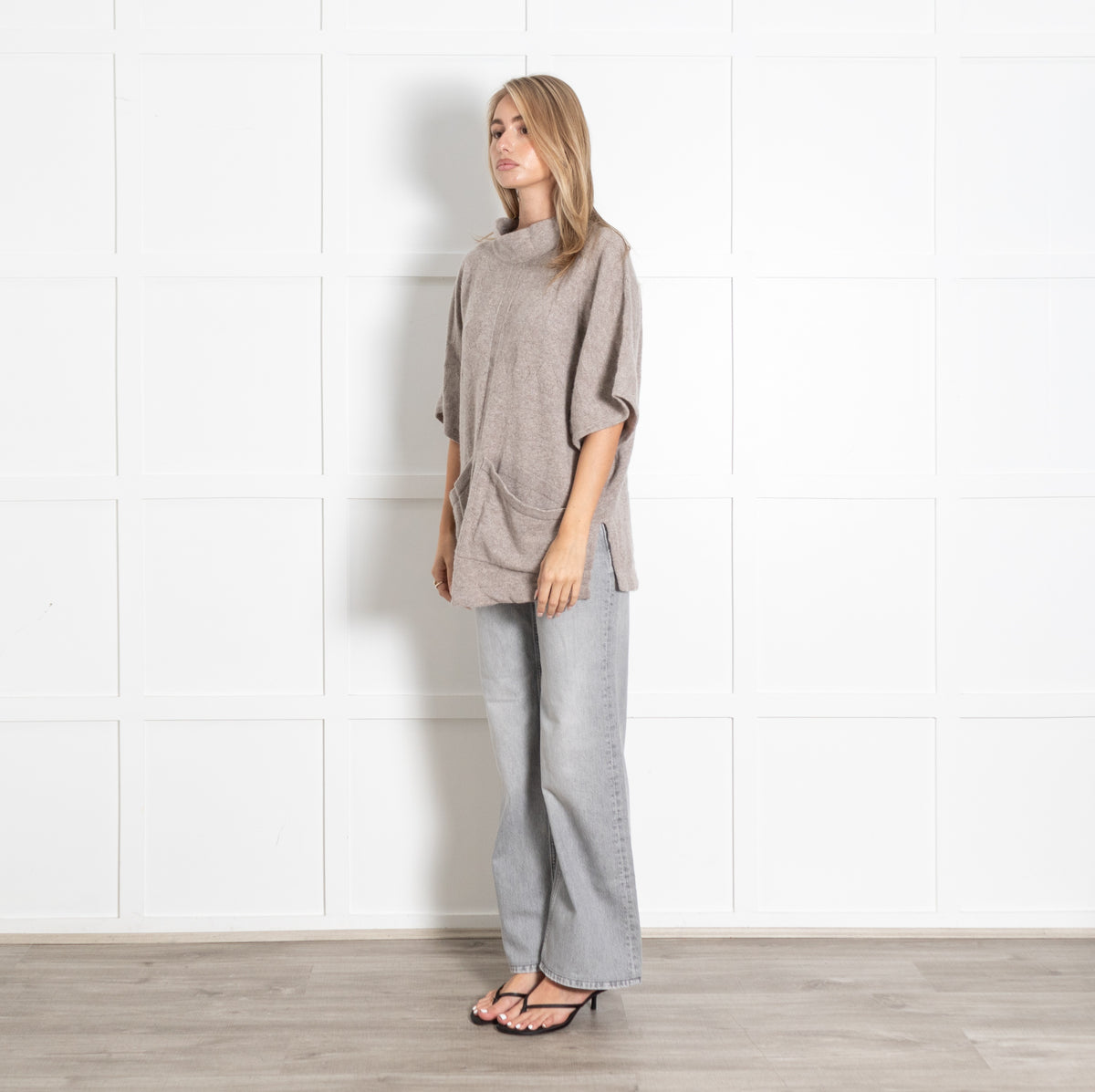 Beige Cashmere Turtleneck Pockets Poncho Sweater - Image 3