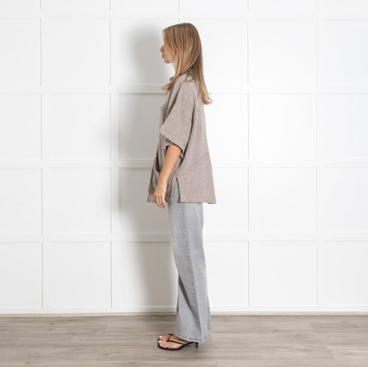 Beige Cashmere Turtleneck Pockets Poncho Sweater - Image 4