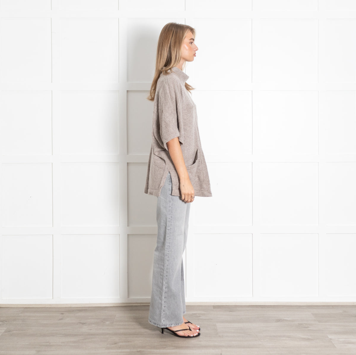 Beige Cashmere Turtleneck Pockets Poncho Sweater - Image 6
