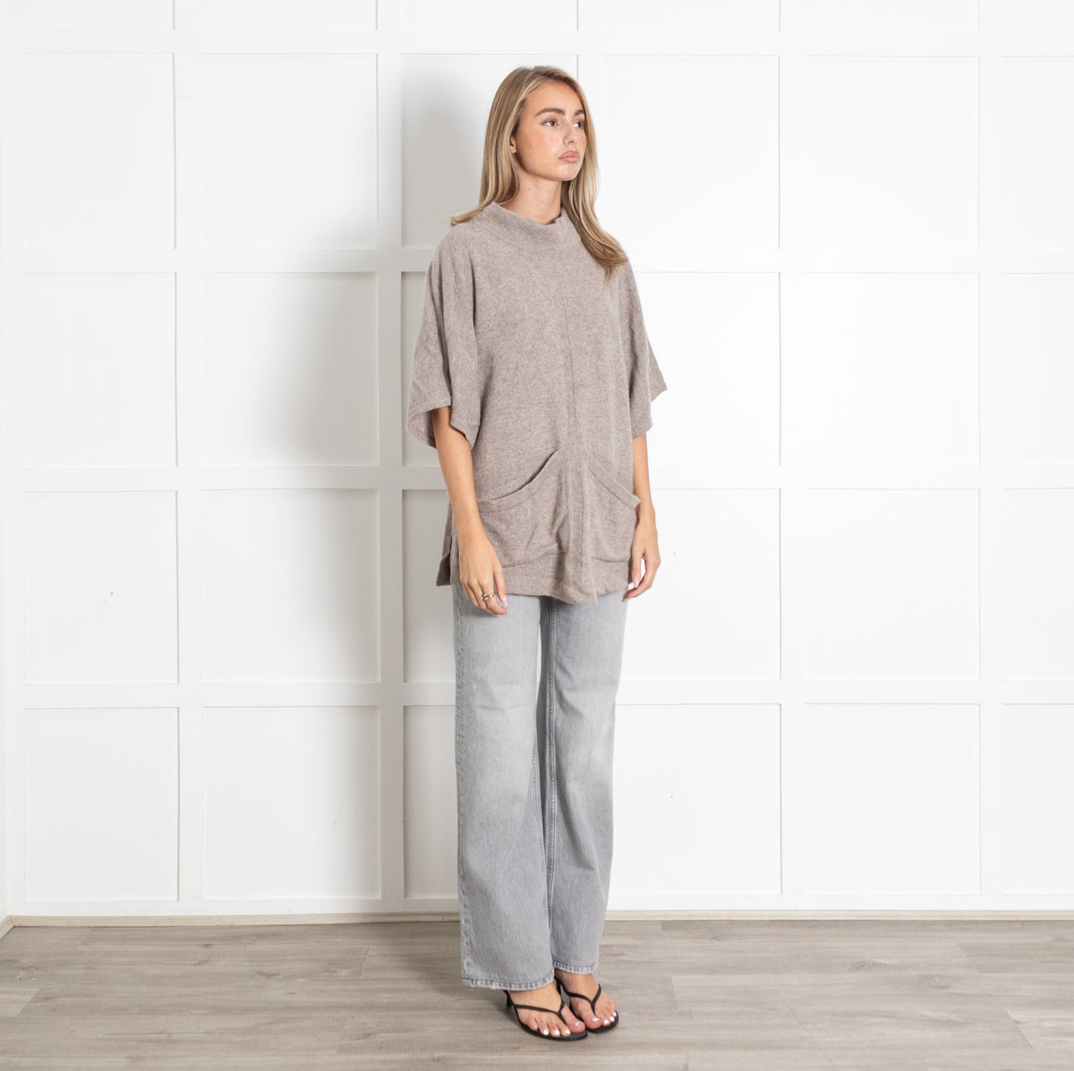 Beige Cashmere Turtleneck Pockets Poncho Sweater - Image 7