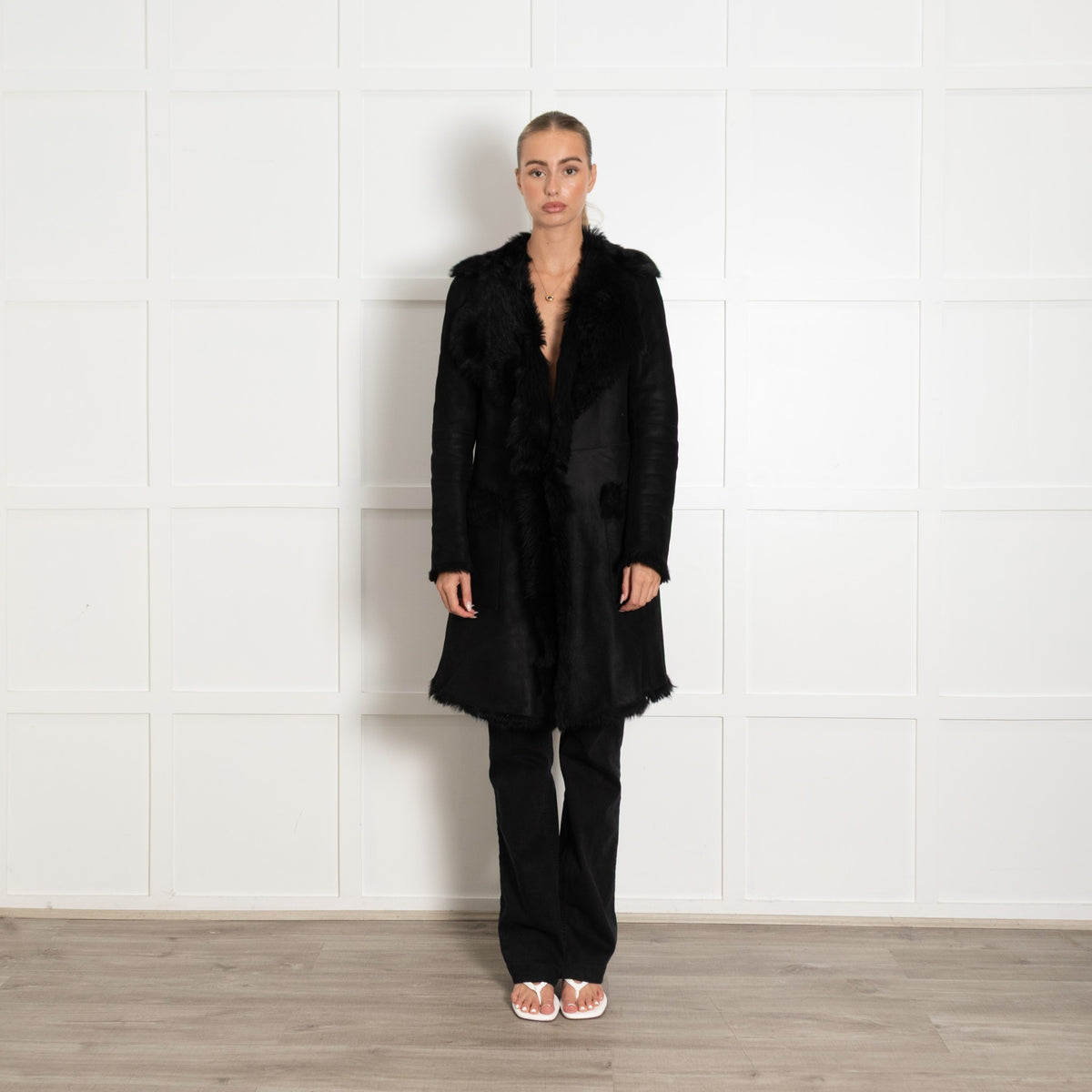 Black Lamb Shearling Knee Length Coat - Image 1