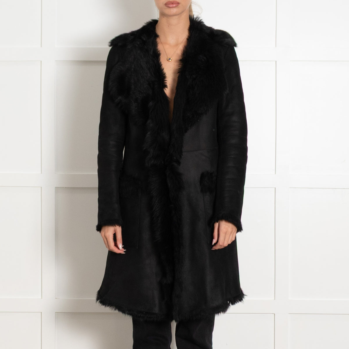 Black Lamb Shearling Knee Length Coat - Image 2