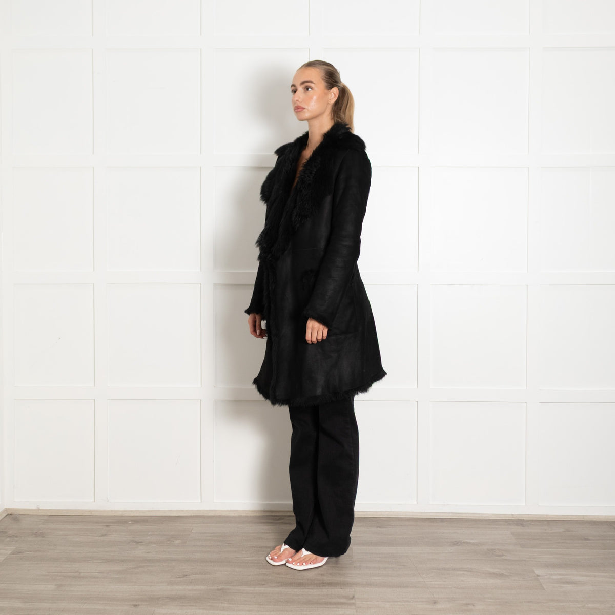Black Lamb Shearling Knee Length Coat - Image 3