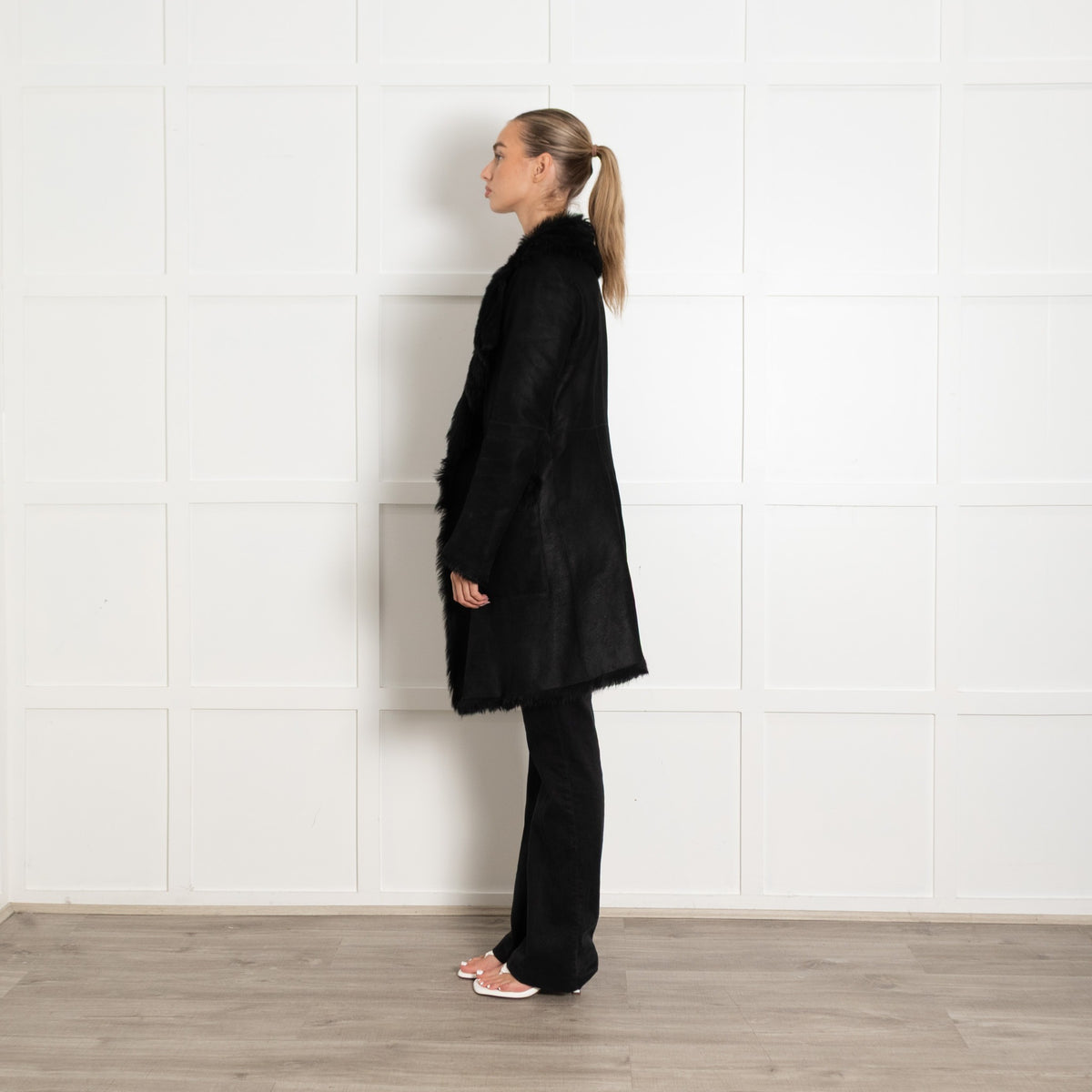 Black Lamb Shearling Knee Length Coat - Image 4