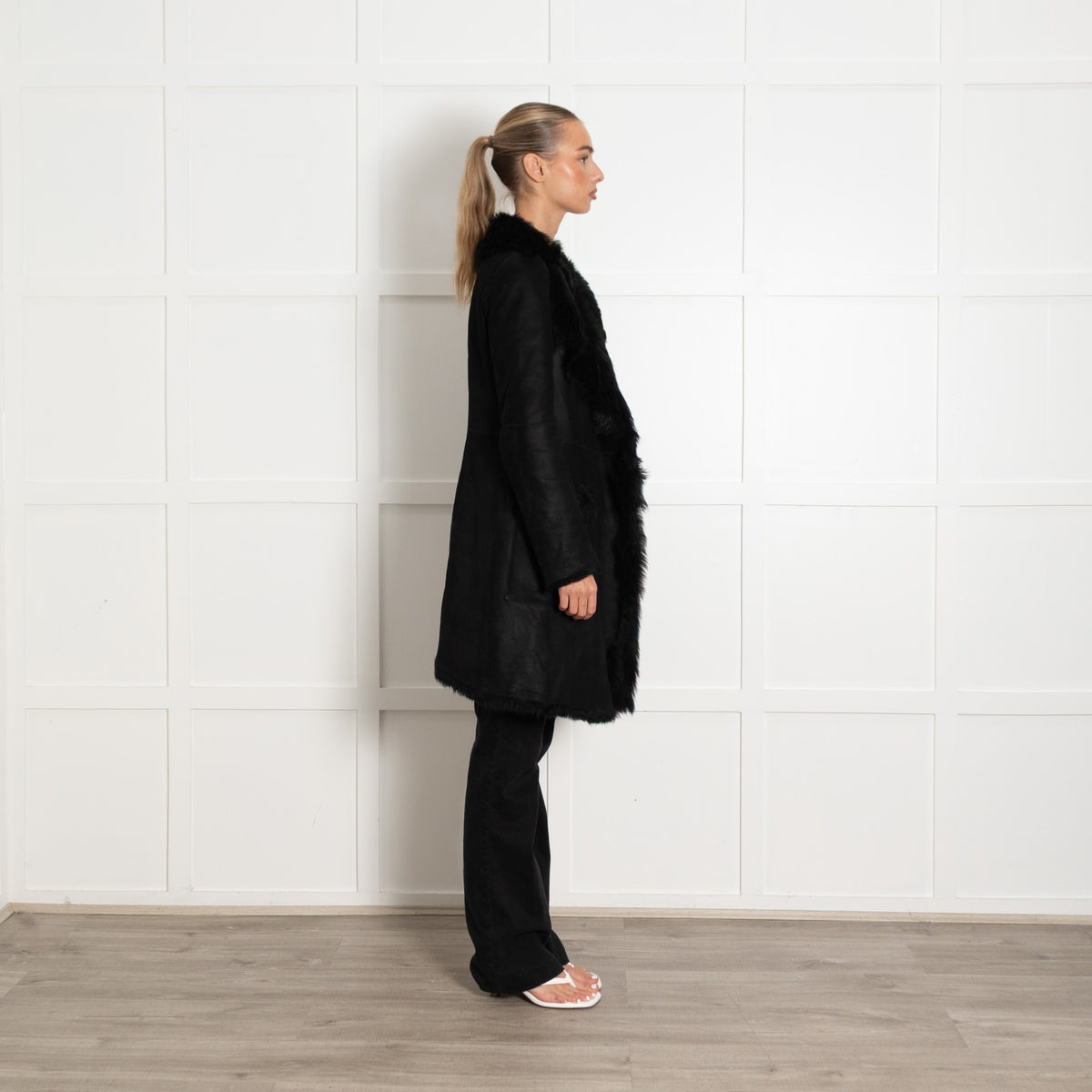 Black Lamb Shearling Knee Length Coat - Image 6
