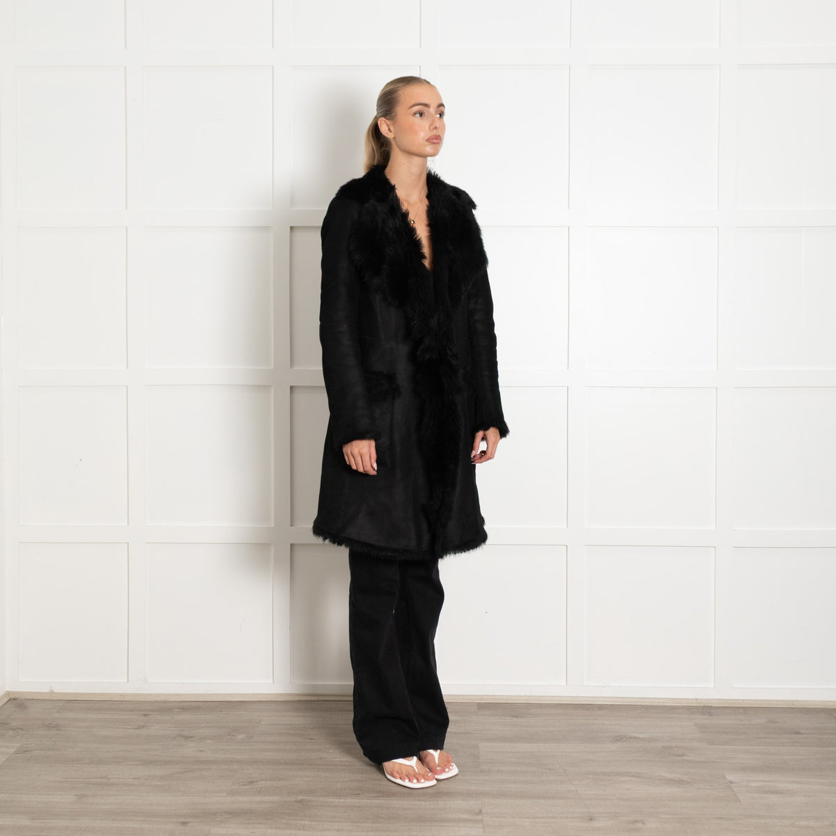 Black Lamb Shearling Knee Length Coat - Image 7