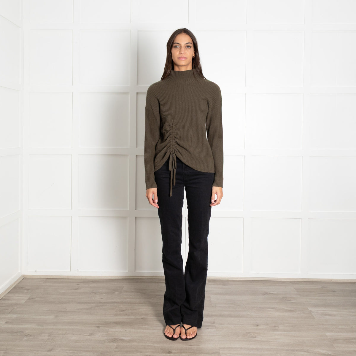 Brodie Khaki Cashmere Jumper With Gathered Front - Image 2