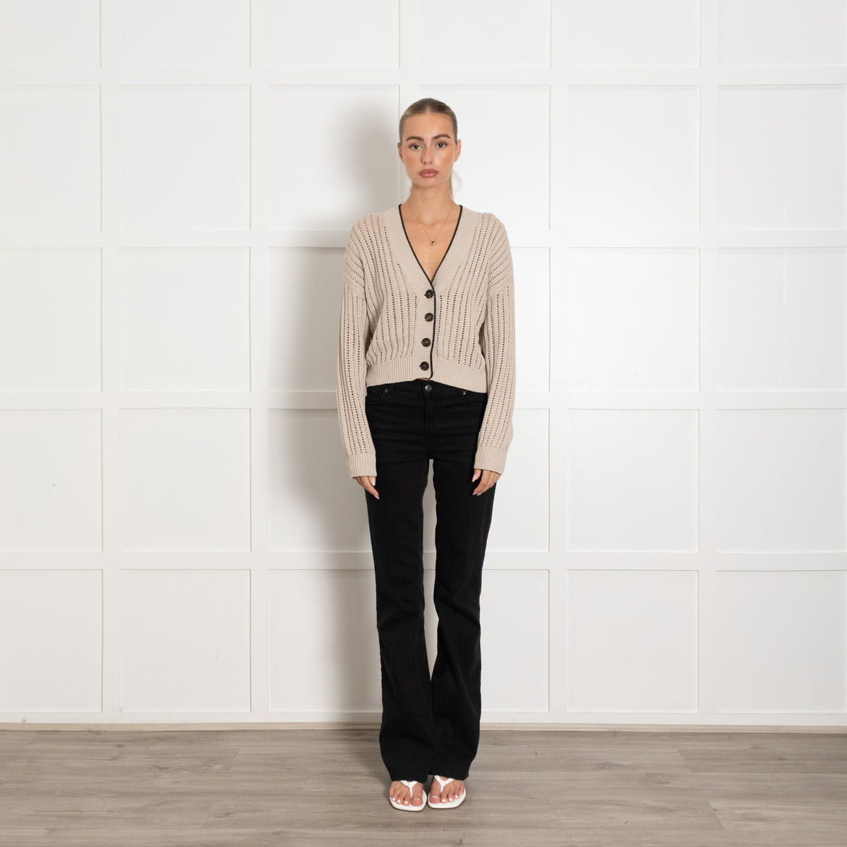 Brunello Cucinelli Taupe Cotton Cable Knit With Black Trim  Cardigan - Image 1