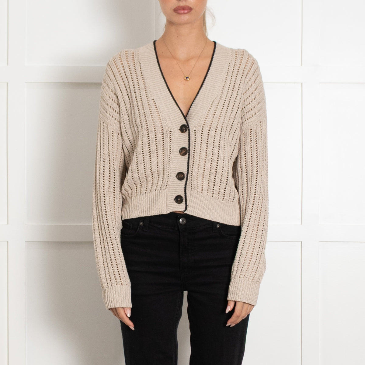 Brunello Cucinelli Taupe Cotton Cable Knit With Black Trim  Cardigan - Image 2