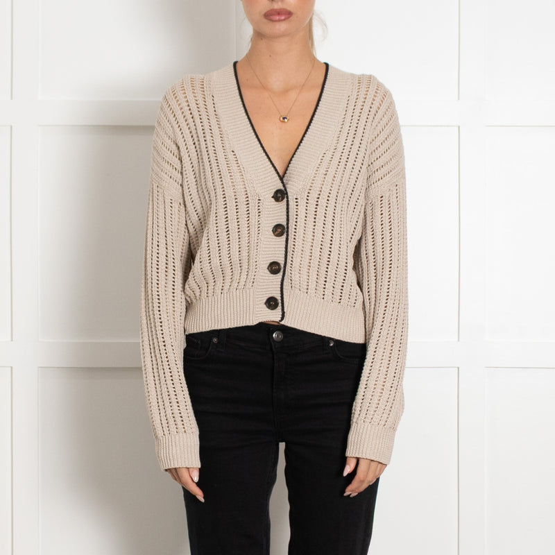 Brunello Cucinelli Taupe Cotton Cable Knit With Black Trim  Cardigan - Image 2