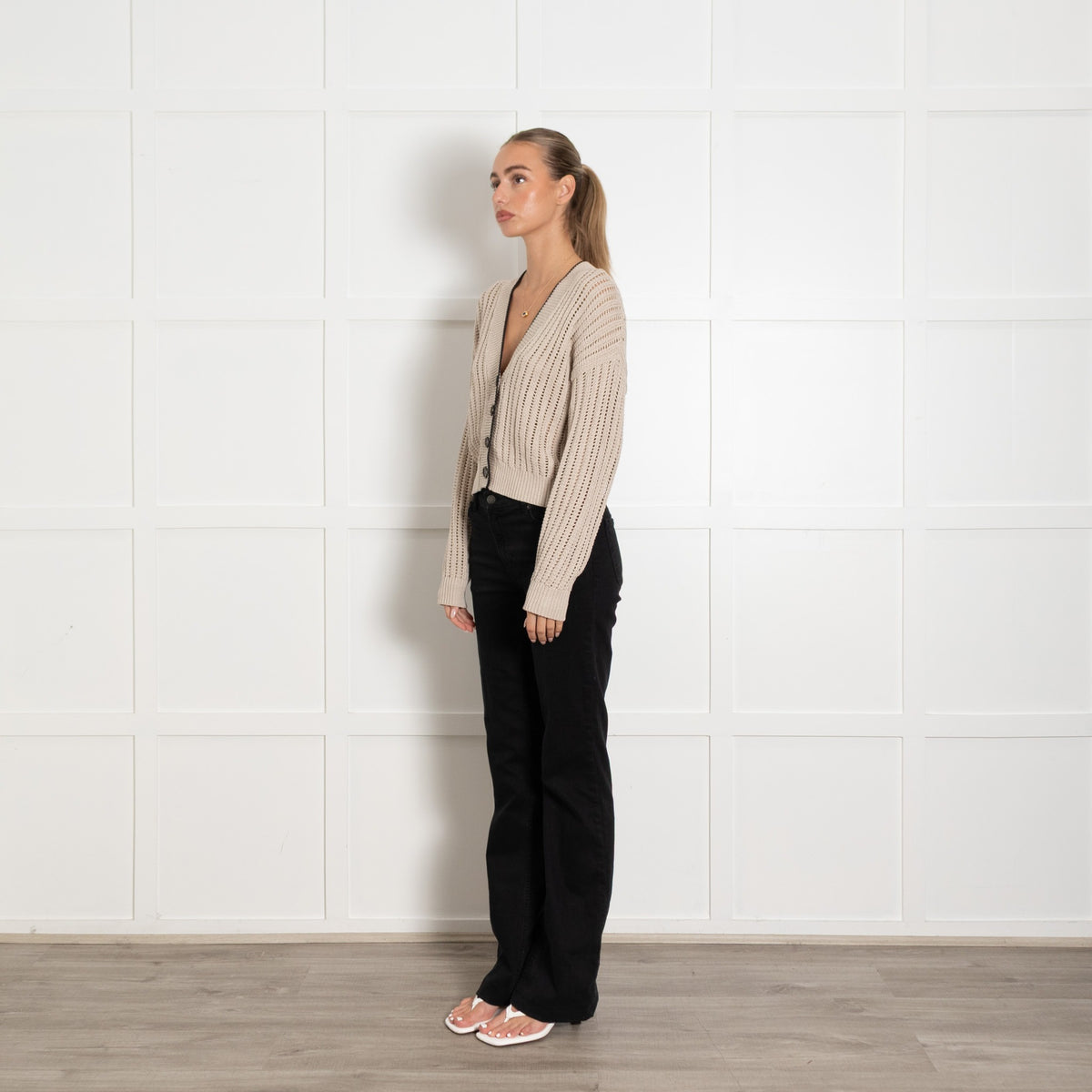 Brunello Cucinelli Taupe Cotton Cable Knit With Black Trim  Cardigan - Image 3