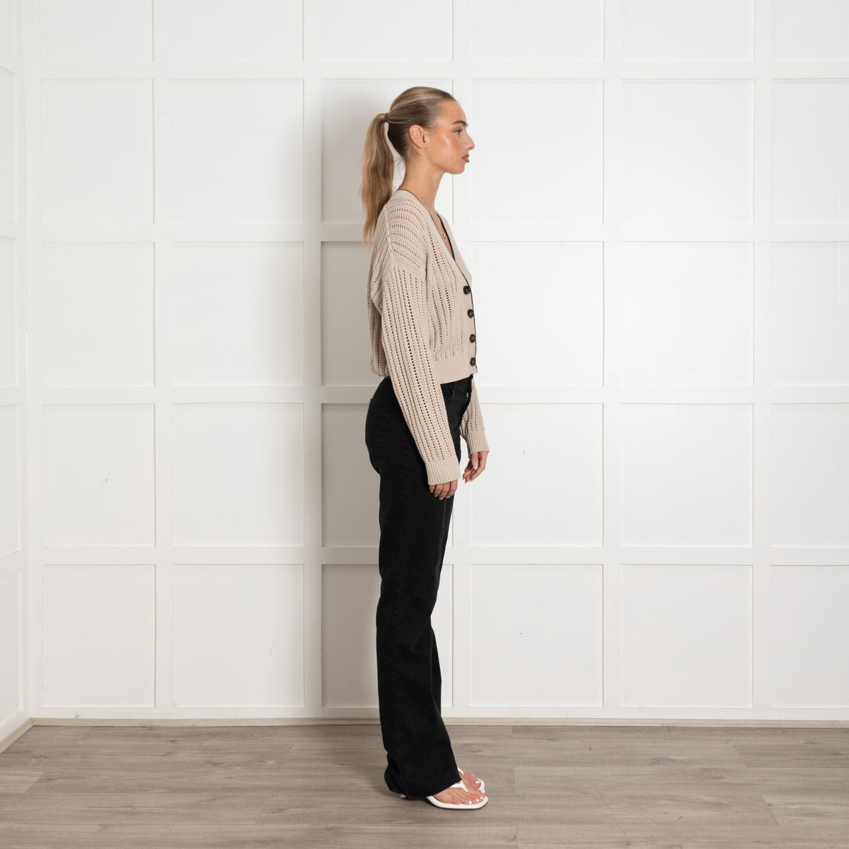 Brunello Cucinelli Taupe Cotton Cable Knit With Black Trim  Cardigan - Image 6