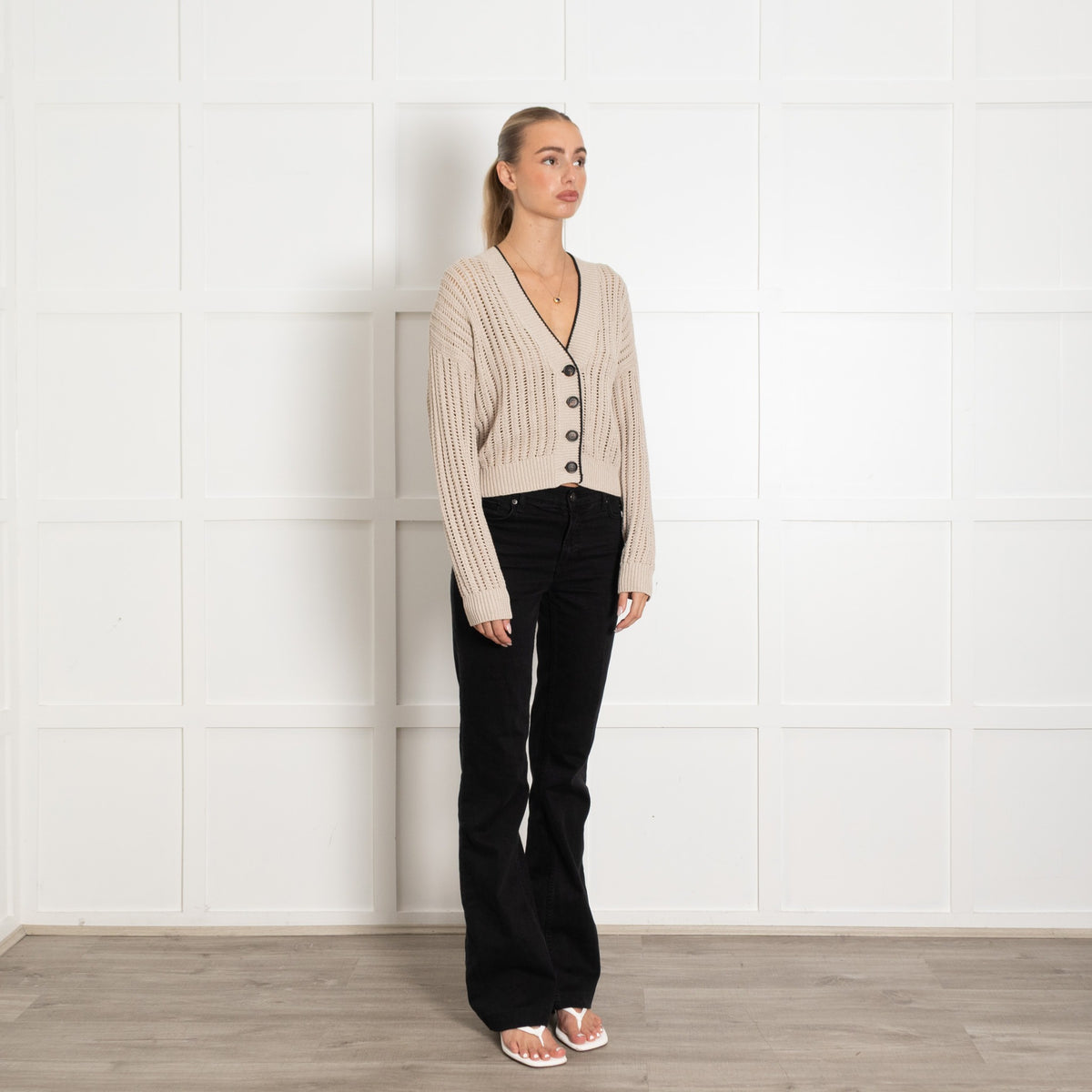 Brunello Cucinelli Taupe Cotton Cable Knit With Black Trim  Cardigan - Image 7